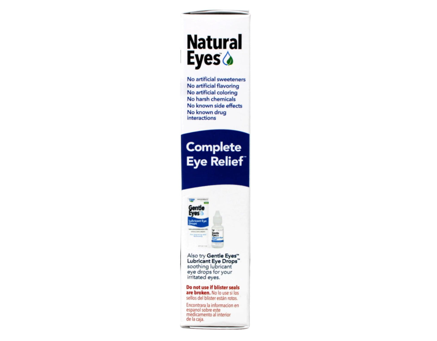 Close up of TRP Natural Eyes Homeopathic Tablets package showcasing relief symptoms for dry, red, and irritated eyes.