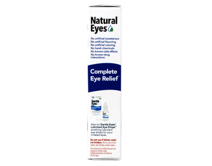 Close up of TRP Natural Eyes Homeopathic Tablets package showcasing relief symptoms for dry, red, and irritated eyes.