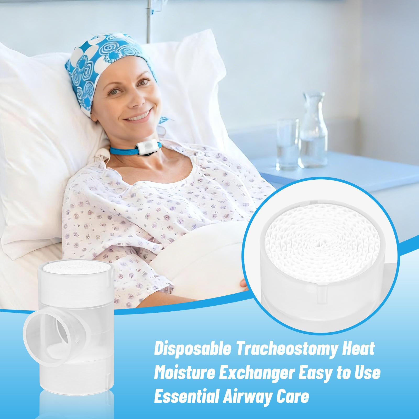 Threlaco disposable tracheostomy humidifiers displayed out of box for clinical feature inspection