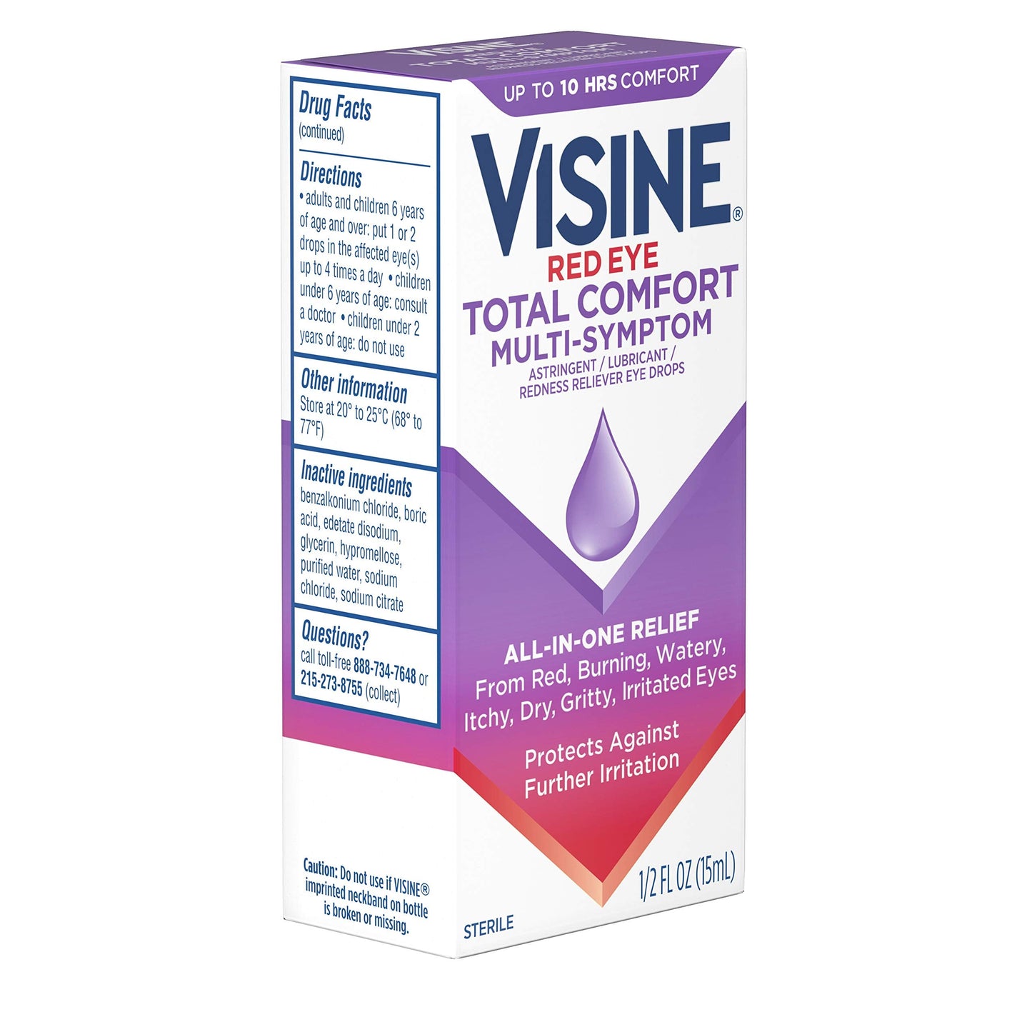 Visine Total Comfort eye drops active ingredients and drug facts label on product back