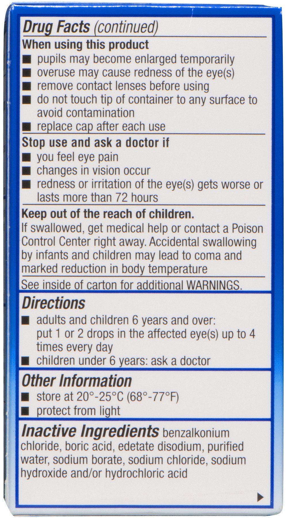 Imported Alcon eye allergy relief drops packaging details and active ingredients list.