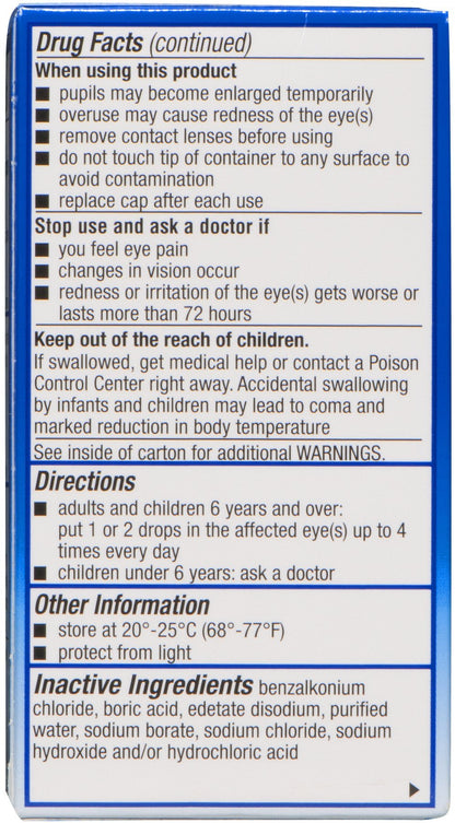 Imported Alcon eye allergy relief drops packaging details and active ingredients list.