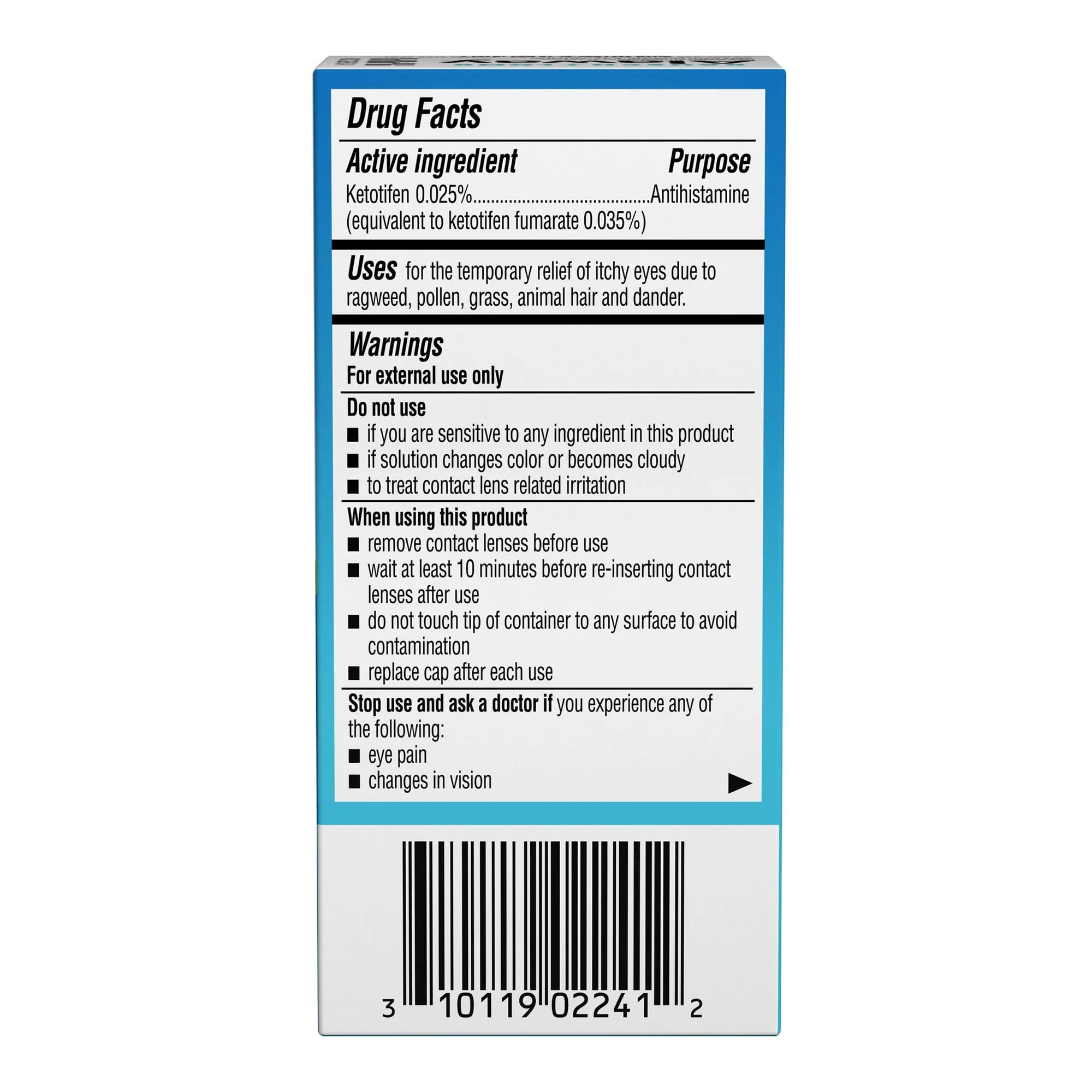 Alaway antihistamine eye drops bottle showing zero point three four fluid ounce size details