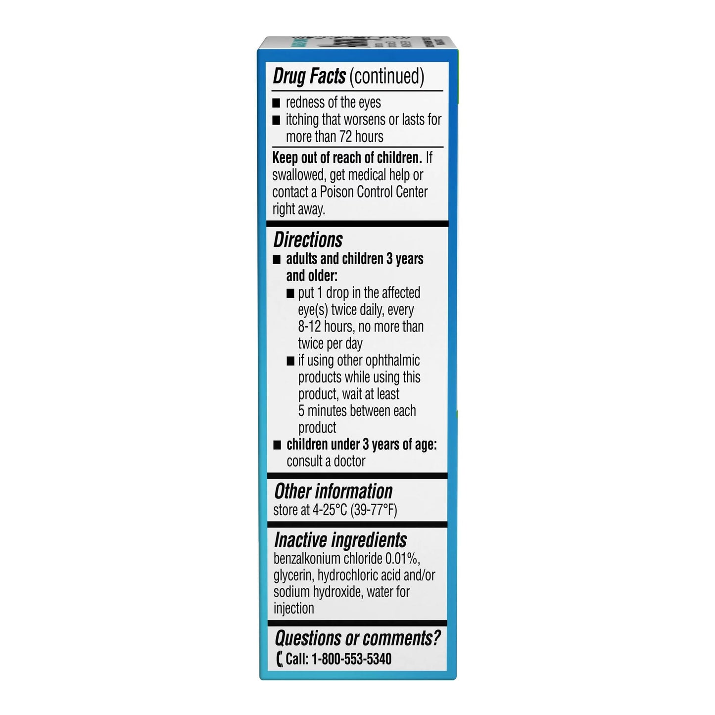 Bausch and Lomb Alaway eye drops box side panel showcasing twelve hour relief feature