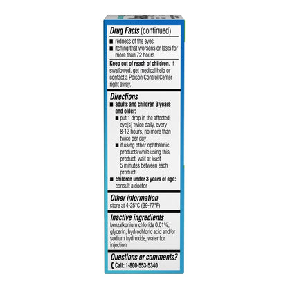Bausch and Lomb Alaway eye drops box side panel showcasing twelve hour relief feature