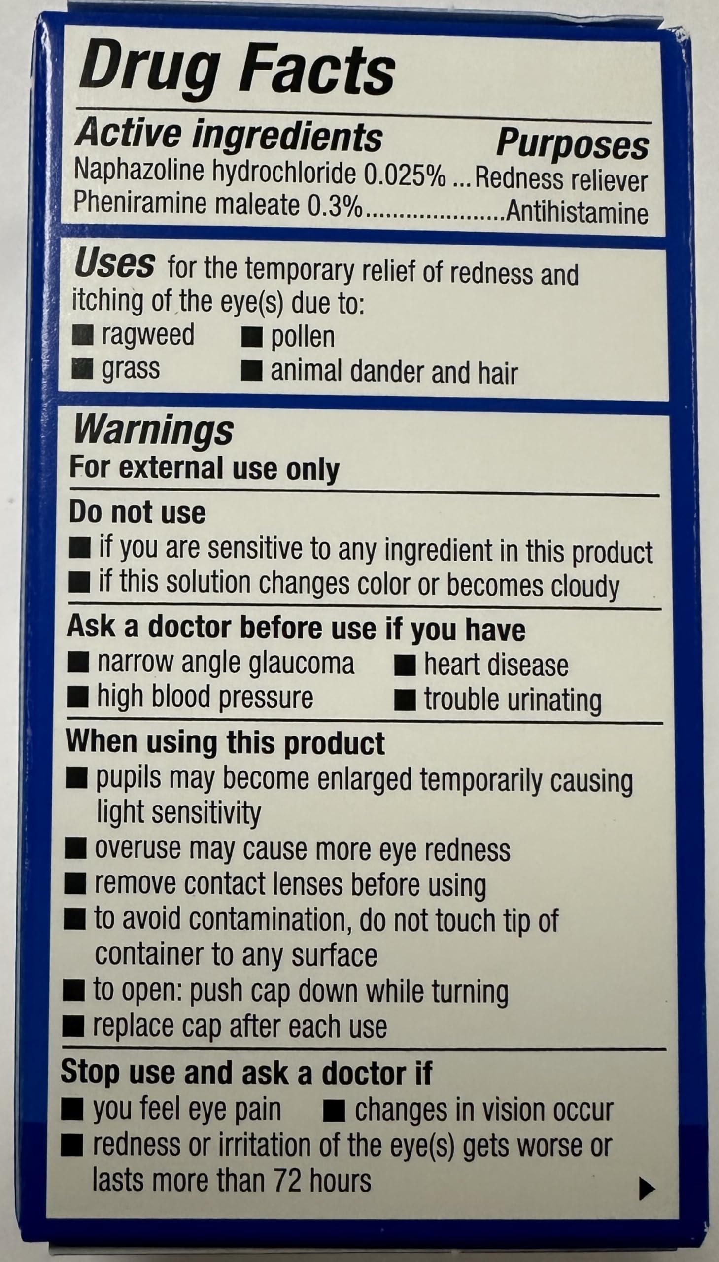 Sterile ophthalmic solution bottle of Naphcon A antihistamine and redness reliever eye drops.