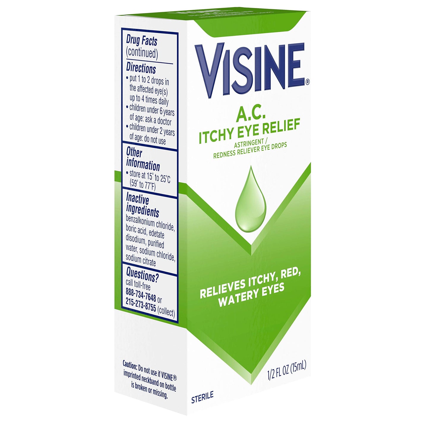 Visine AC allergy eye drops active ingredients label side