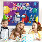 Five by seven feet adval video game party supplies banner being used as a photobooth background for children