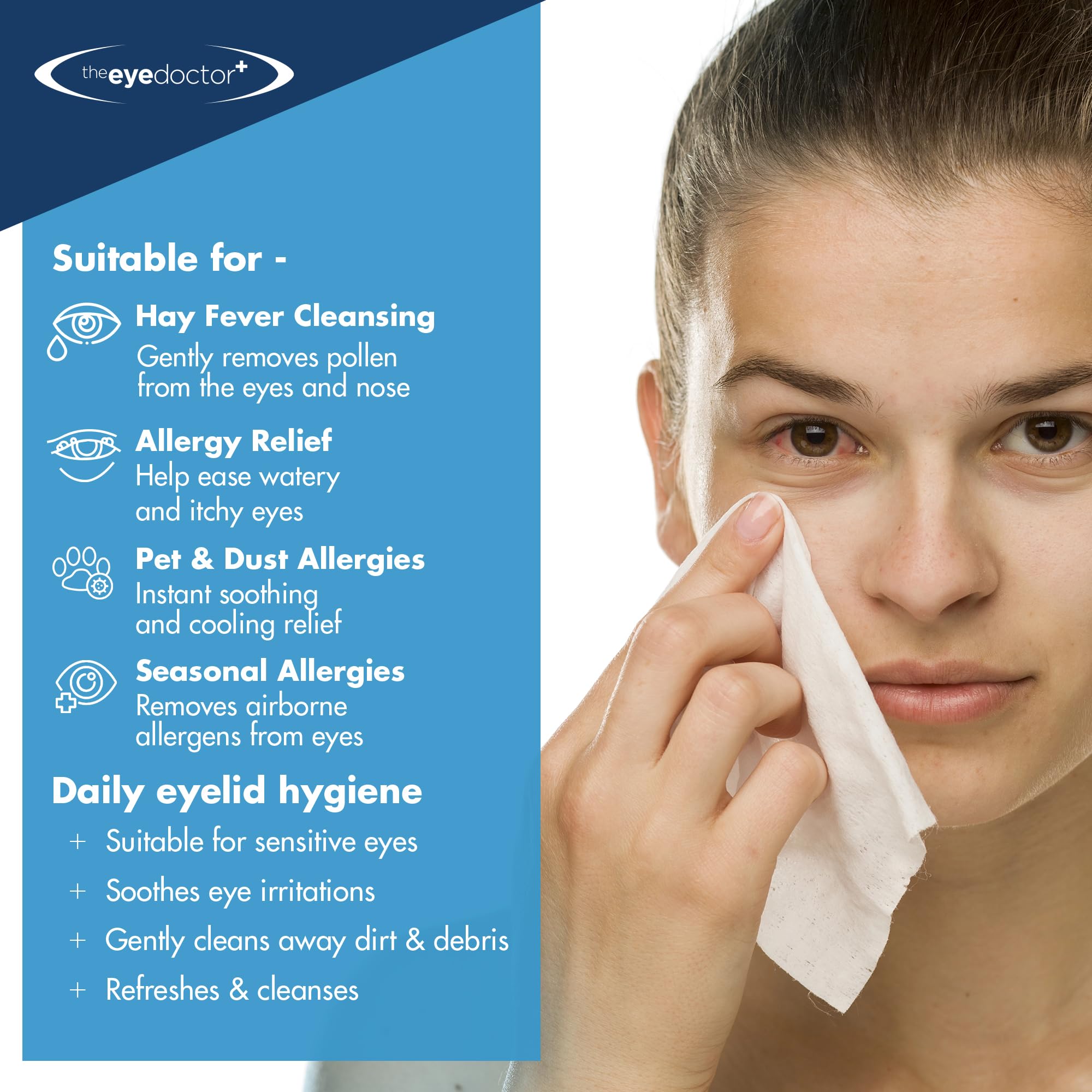 Individually wrapped sterile eyelid wipes for itching and watery eyes.