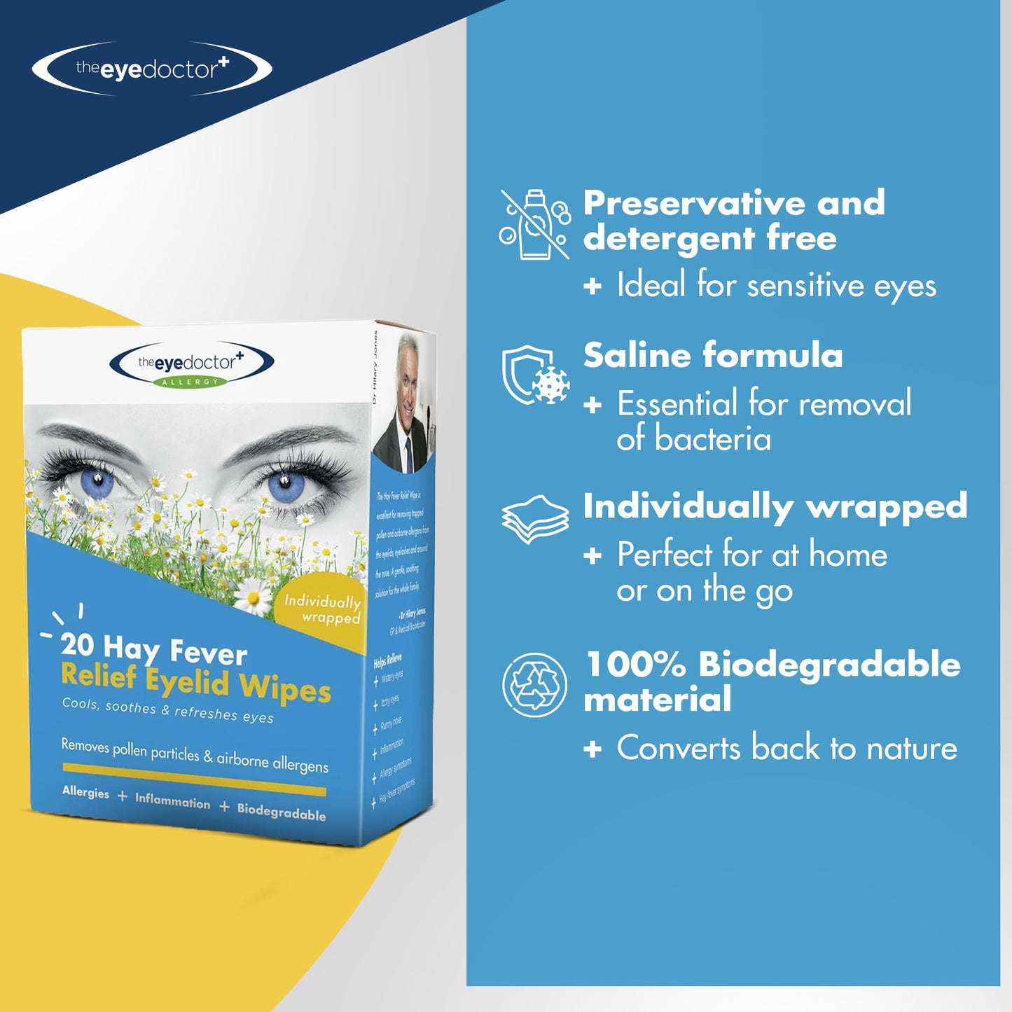 Authentic USA imported eye allergy relief wipes on white background.