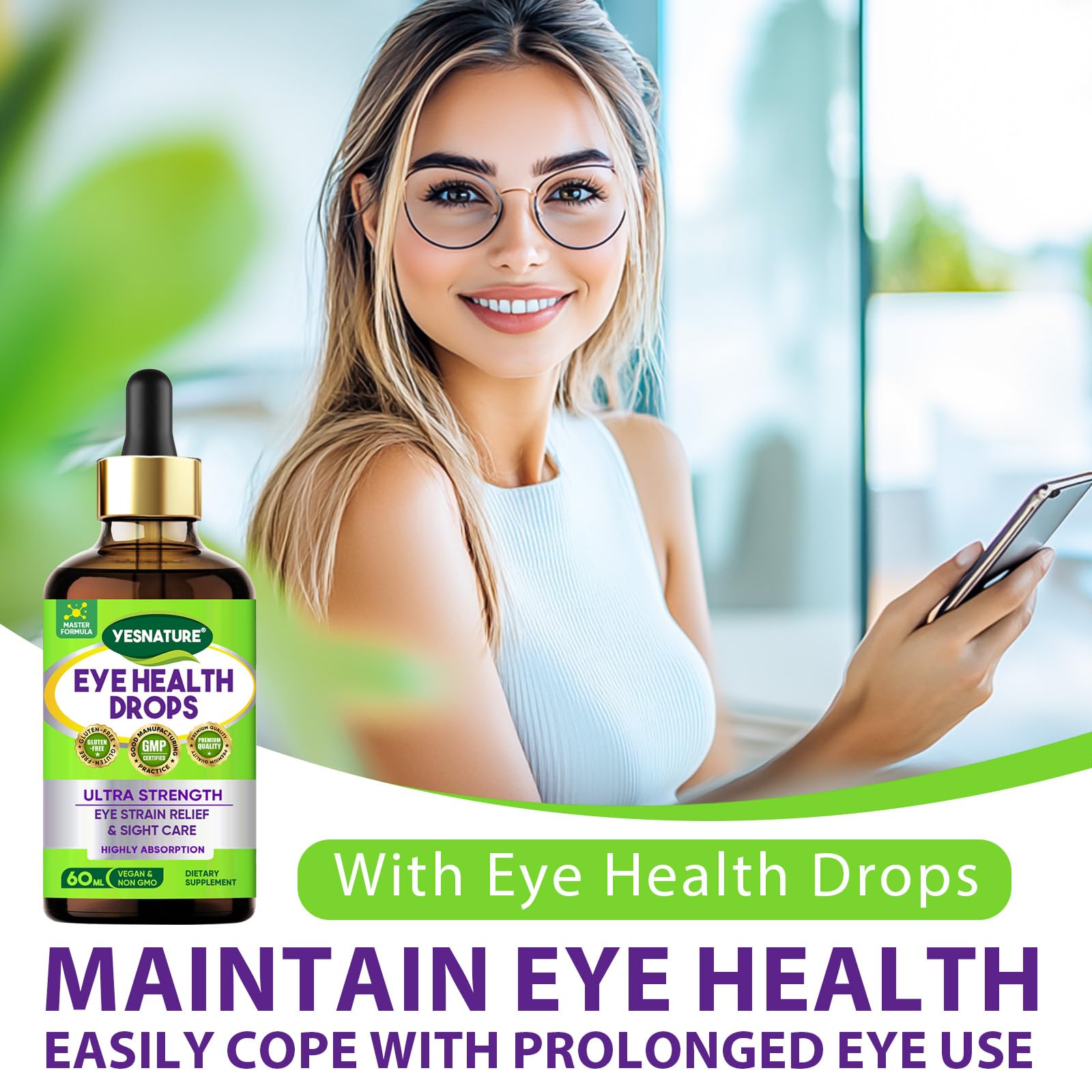 YESNATURE ultra strength eye health supplement liquid bottle showing ingredient benefits