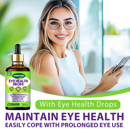 YESNATURE ultra strength eye health supplement liquid bottle showing ingredient benefits