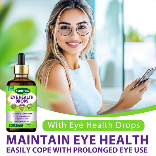 YESNATURE ultra strength eye health supplement liquid bottle showing ingredient benefits