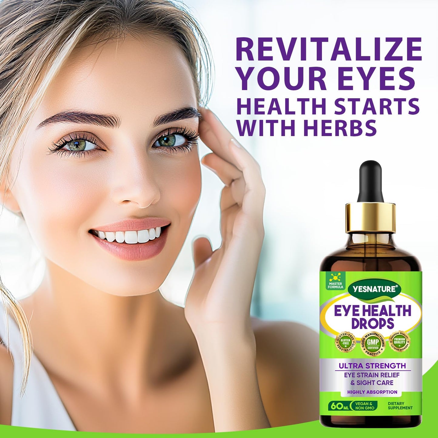 Authentic imported USA eye care liquid supplement bottle displayed on a clean surface