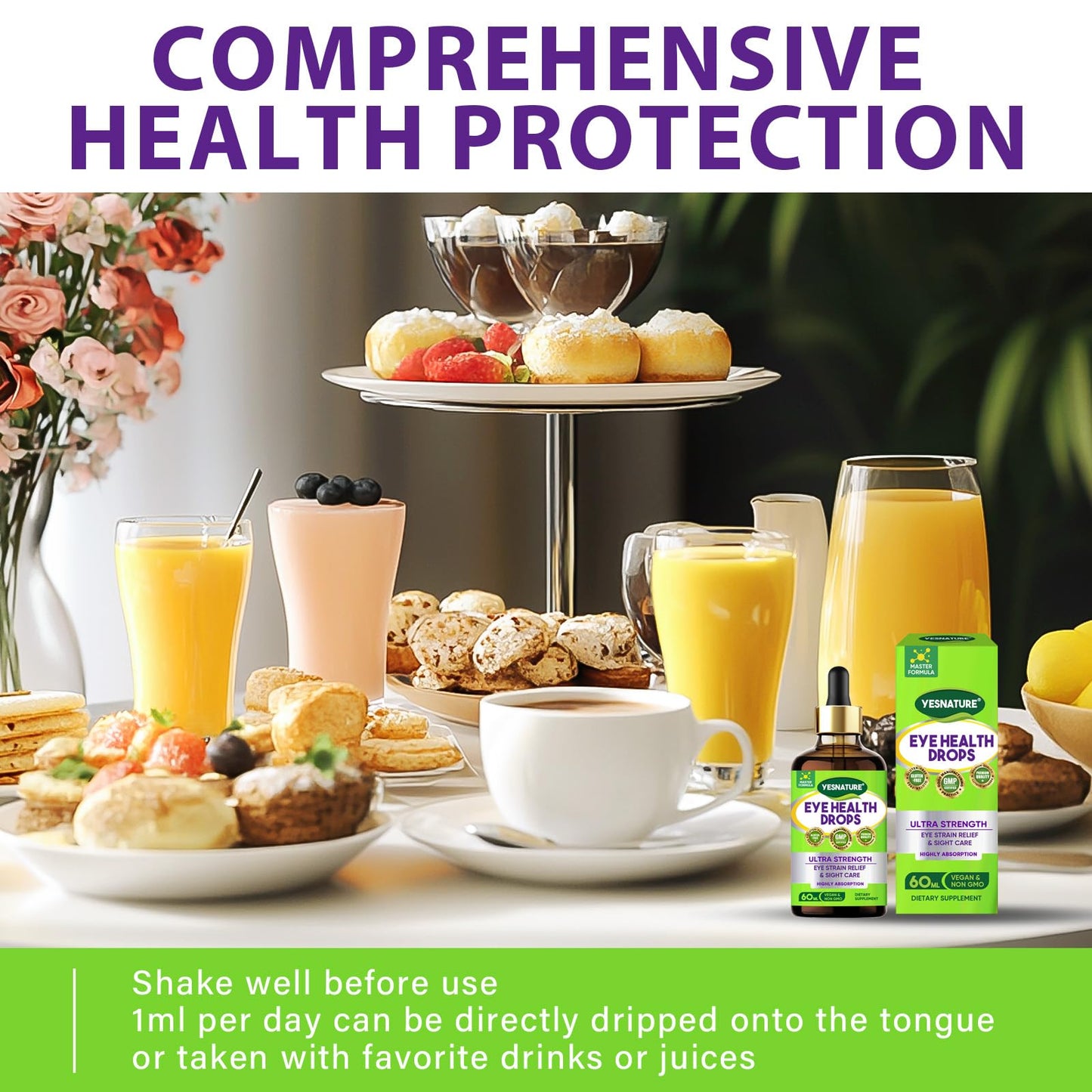 YESNATURE eye strain relief dietary supplement drop bottle with verified product manufacturing certifications