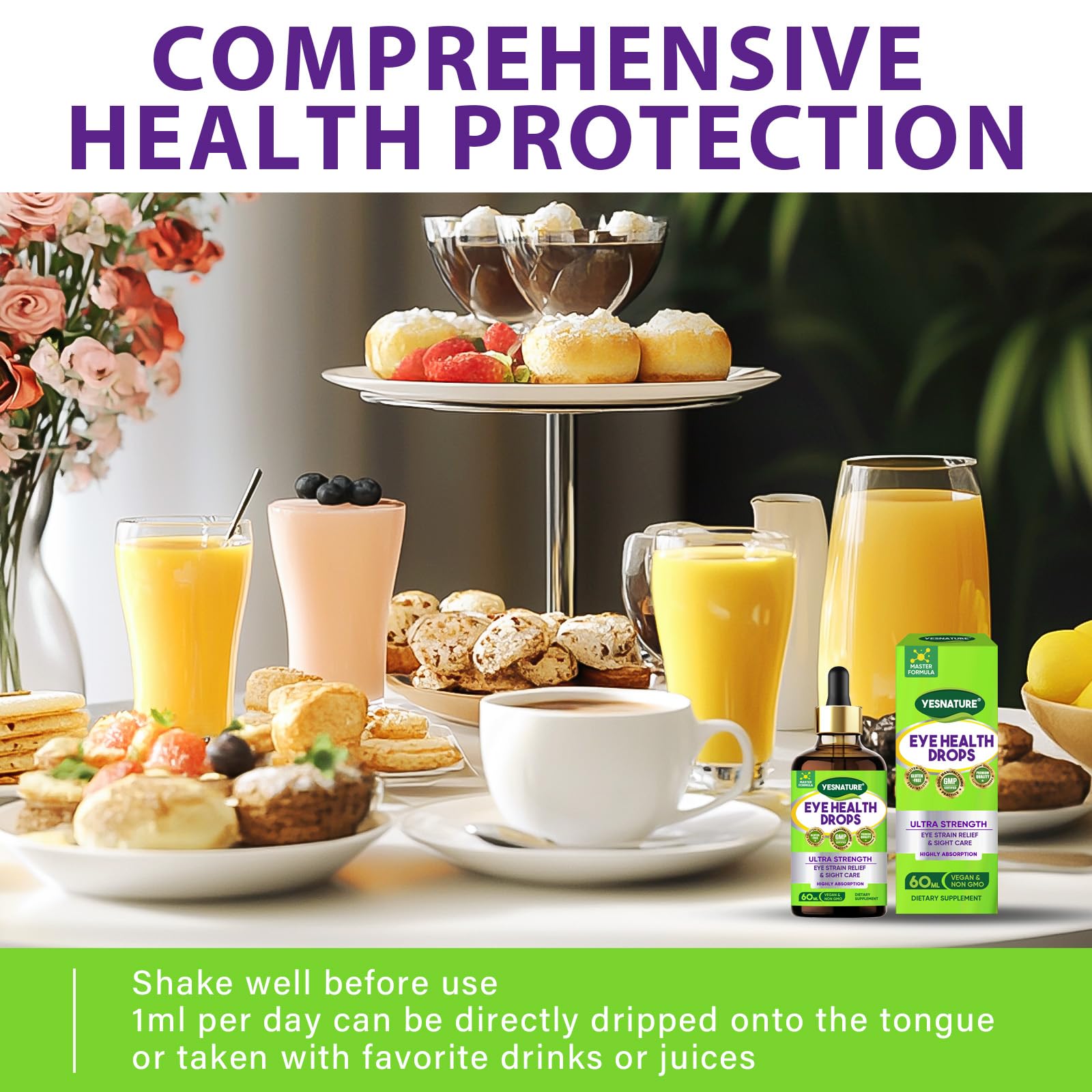 YESNATURE eye strain relief dietary supplement drop bottle with verified product manufacturing certifications