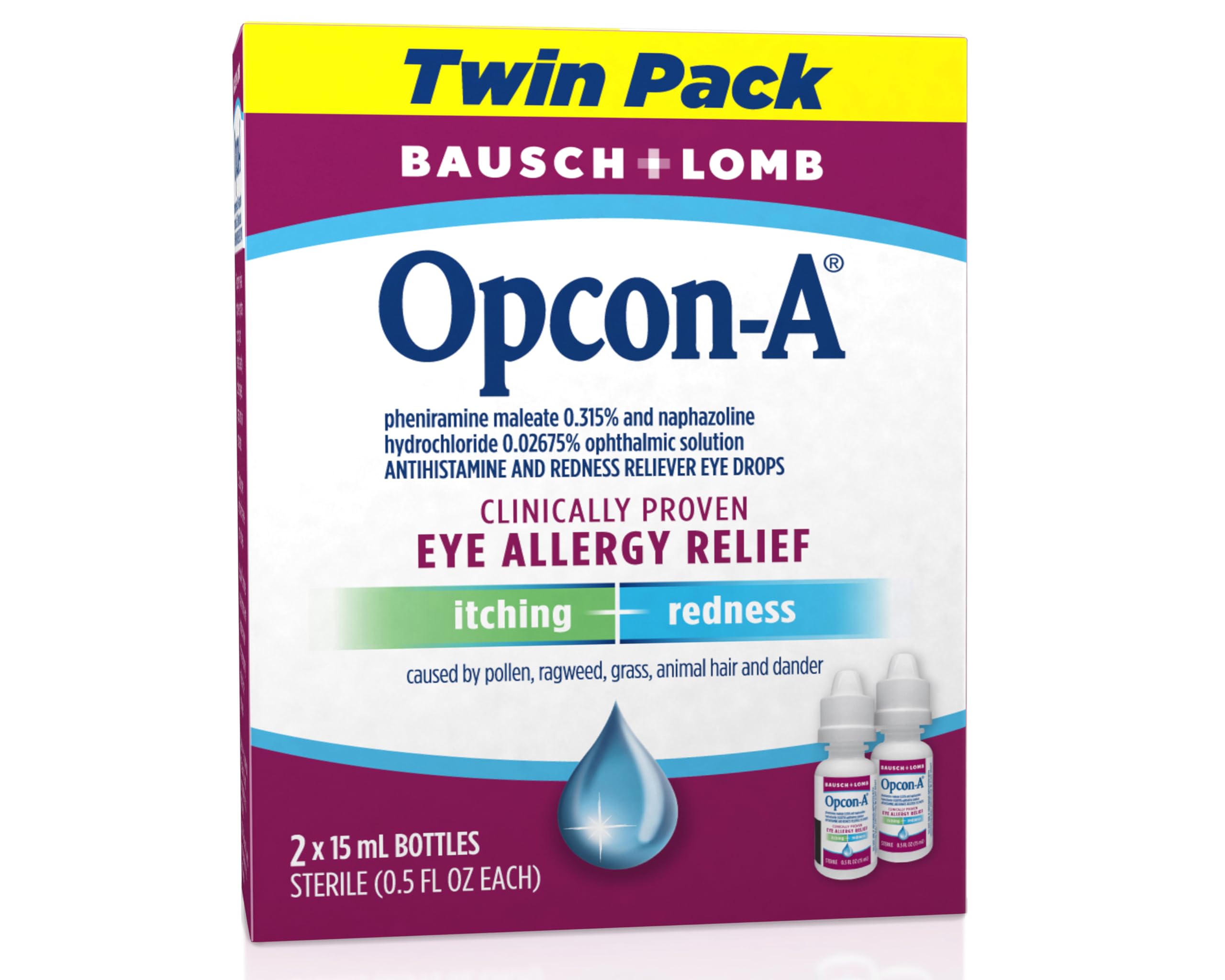 Two bottles of Opcon-A redness reliever eye drops placed upright on a clean surface