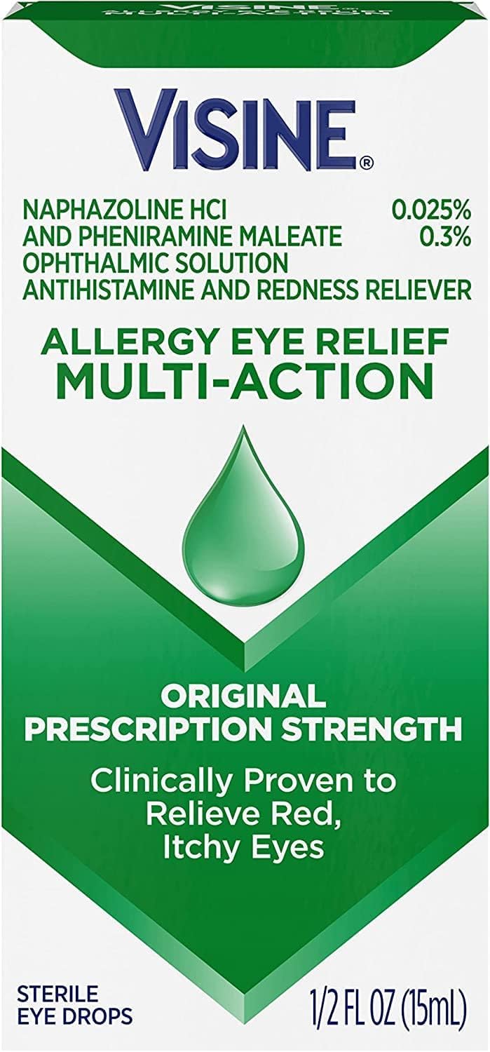 Visine antihistamine and redness reliever sterile eye drops packaging showing active ingredients.