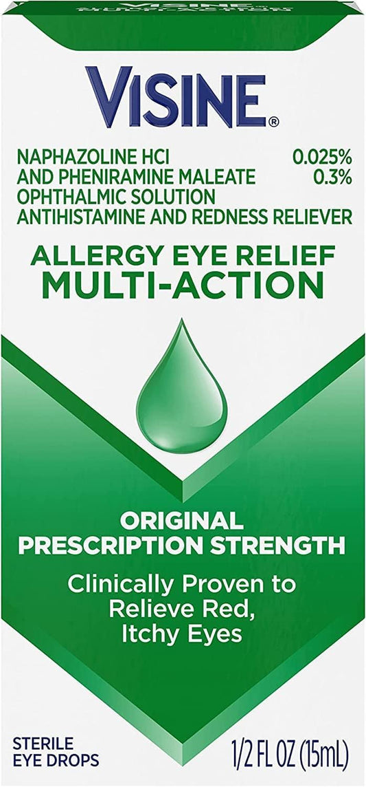 Visine antihistamine and redness reliever sterile eye drops packaging showing active ingredients.