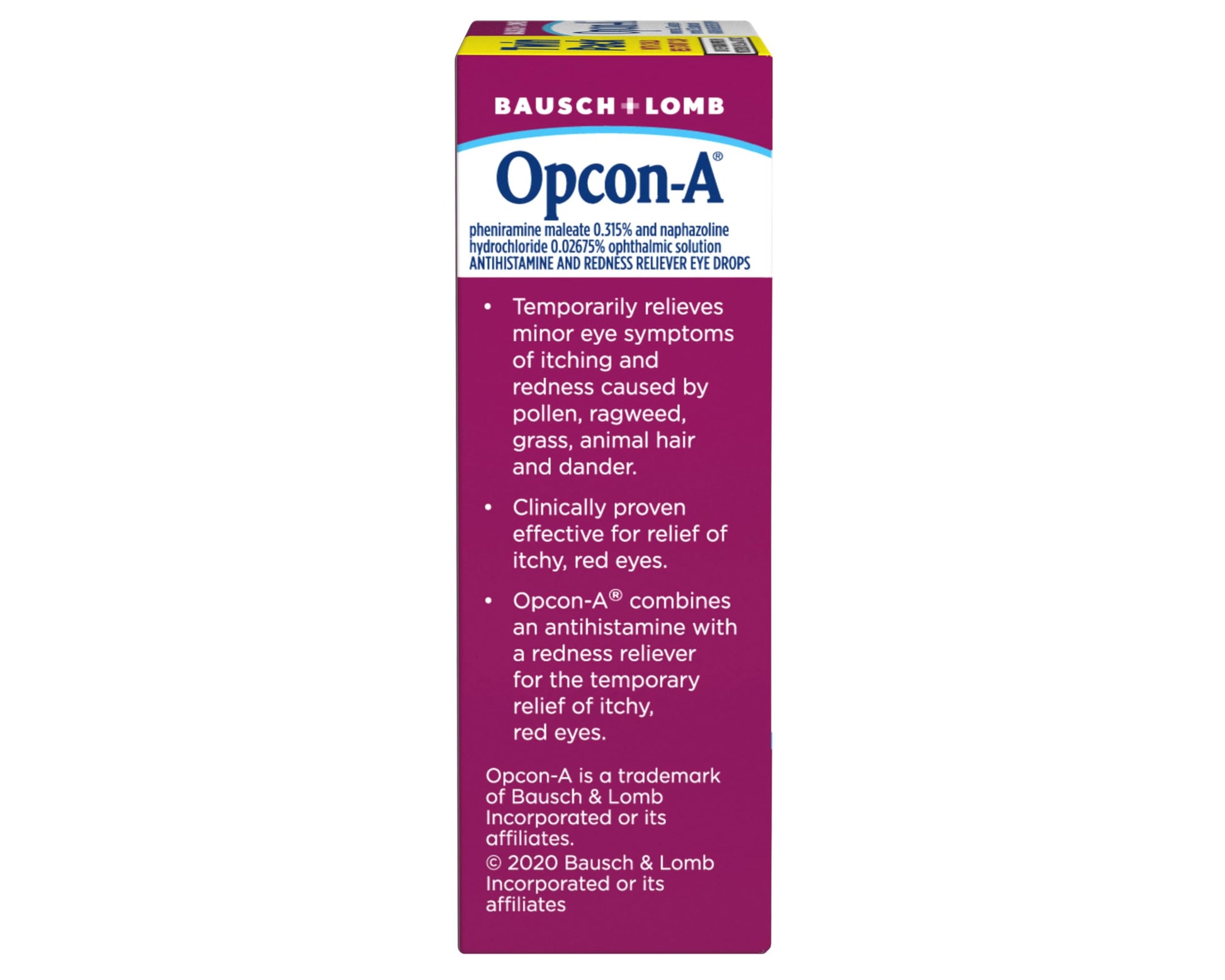 Full product display of Opcon-A antihistamine eye drops twin pack for seasonal allergy care