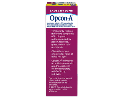 Full product display of Opcon-A antihistamine eye drops twin pack for seasonal allergy care