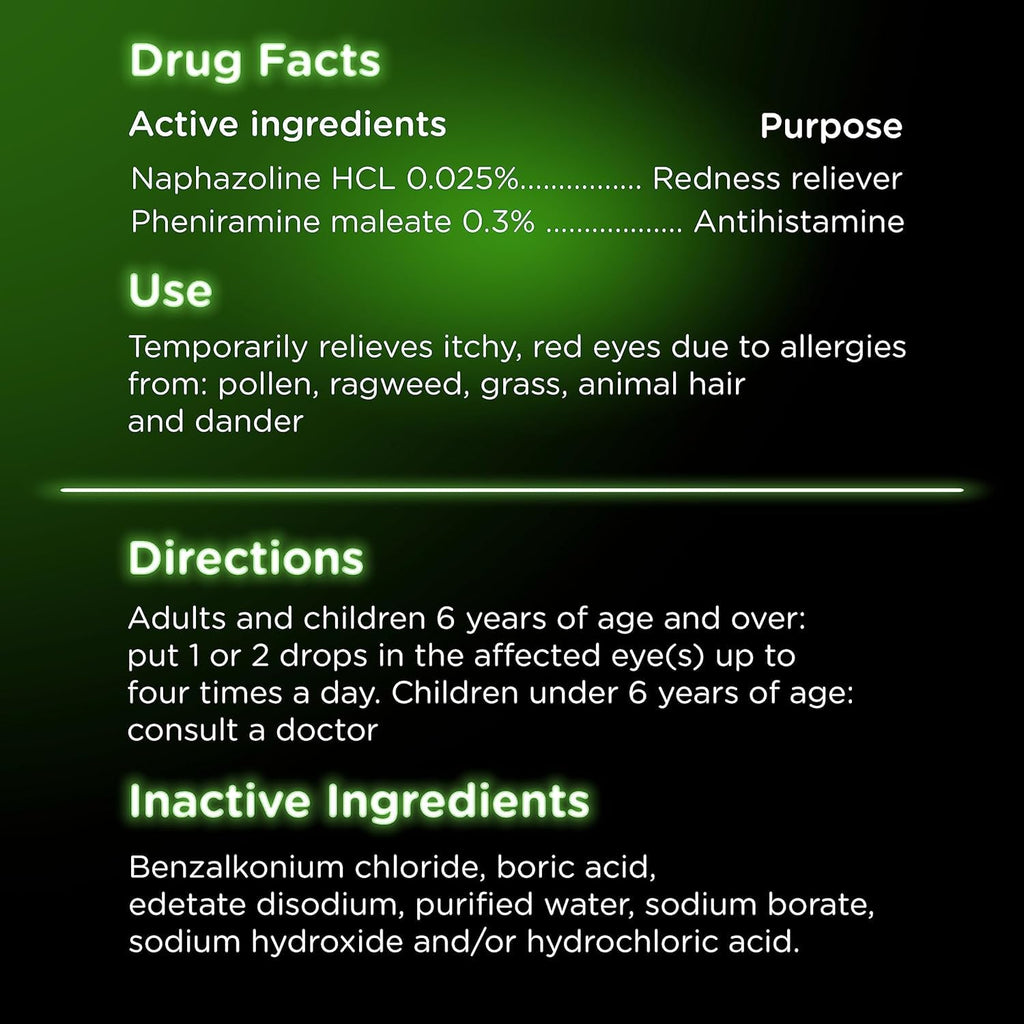 Back panel view of Visine-A multi-action eye drops detailing complete drug facts and allergy relief indications