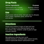 Back panel view of Visine-A multi-action eye drops detailing complete drug facts and allergy relief indications