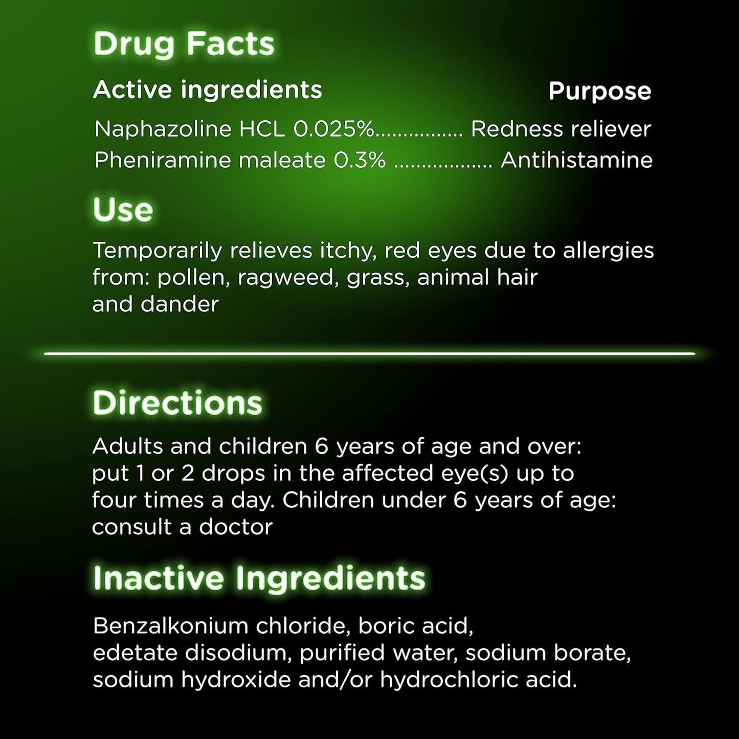 Back panel view of Visine-A multi-action eye drops detailing complete drug facts and allergy relief indications