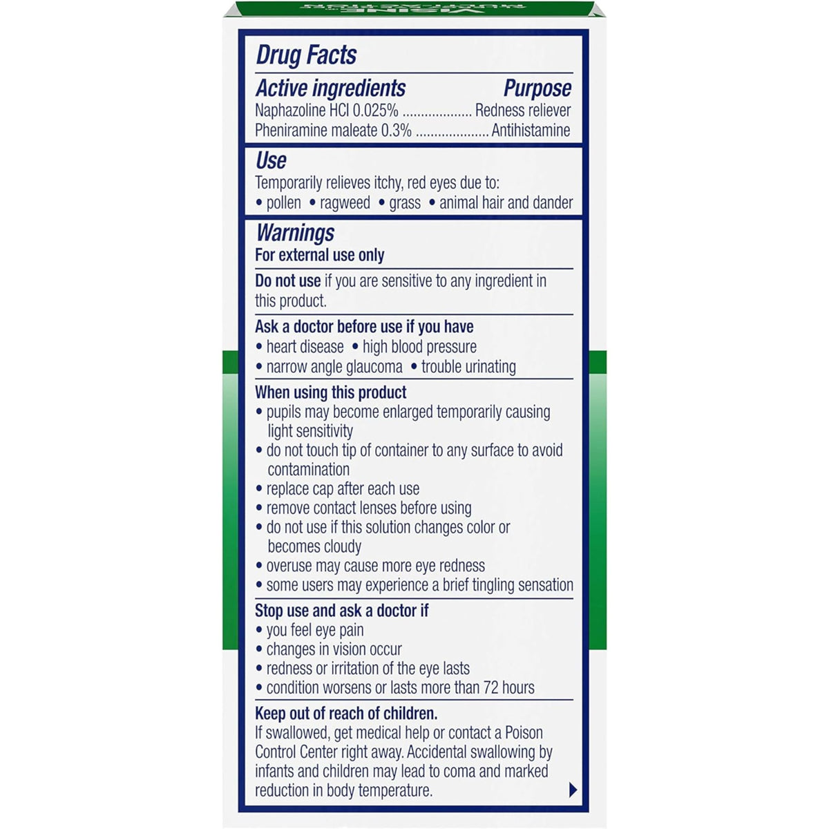 Visine-A multi-action eye allergy drops four pack box layout showcasing authentic imported security seals