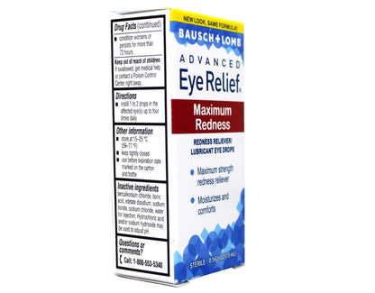 Bausch and Lomb Redness Reliever Lubricant Eye Drops product display showcasing genuine USA import text