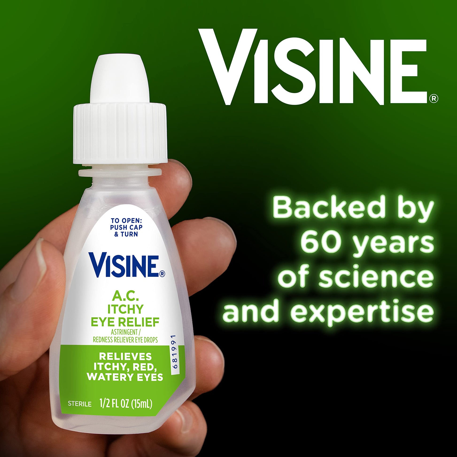 Imported Visine A.C. eye drops 0.5 fluid ounce bottle detailing allergy eye relief instructions.