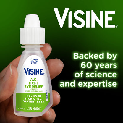 Imported Visine A.C. eye drops 0.5 fluid ounce bottle detailing allergy eye relief instructions.