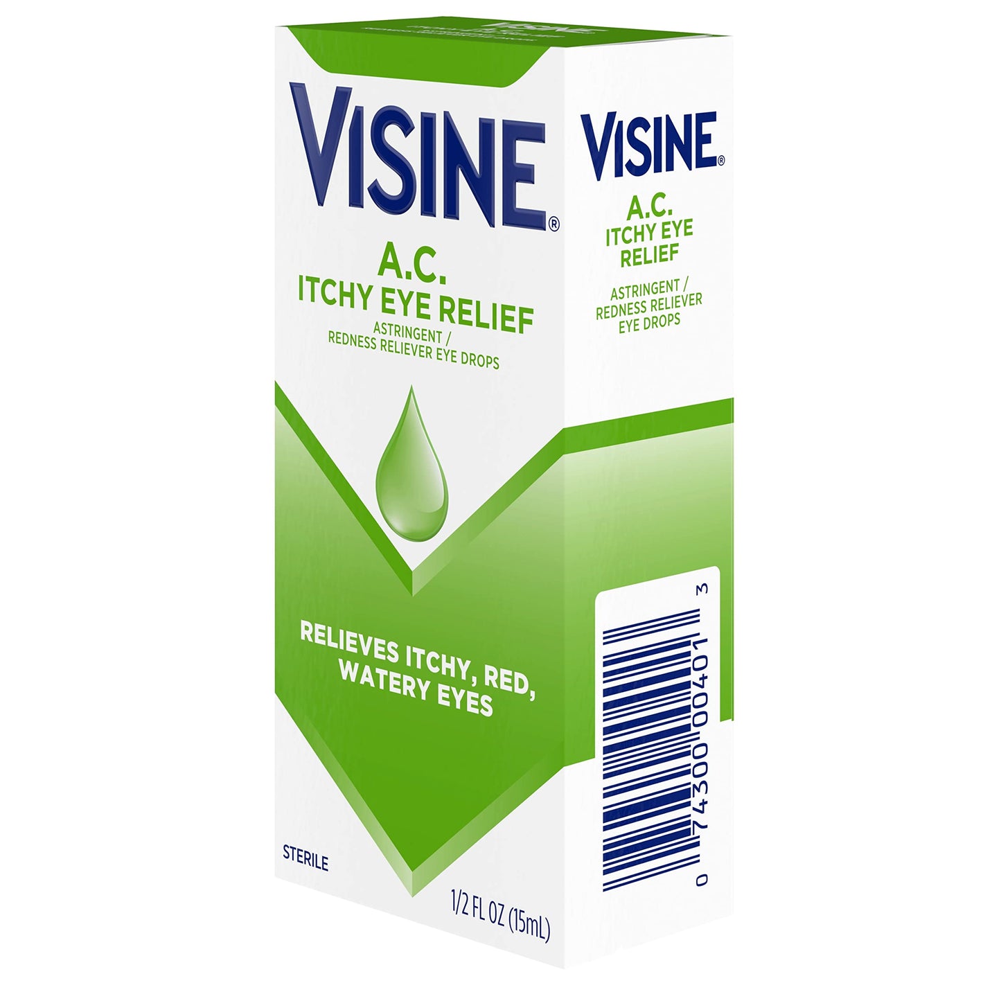 Visine A.C. Itchy Eye Relief travel friendly 15 ml container for portable eye care.
