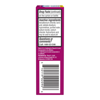 Opcon-A eye allergy relief drops product packaging showing directions and ingredients