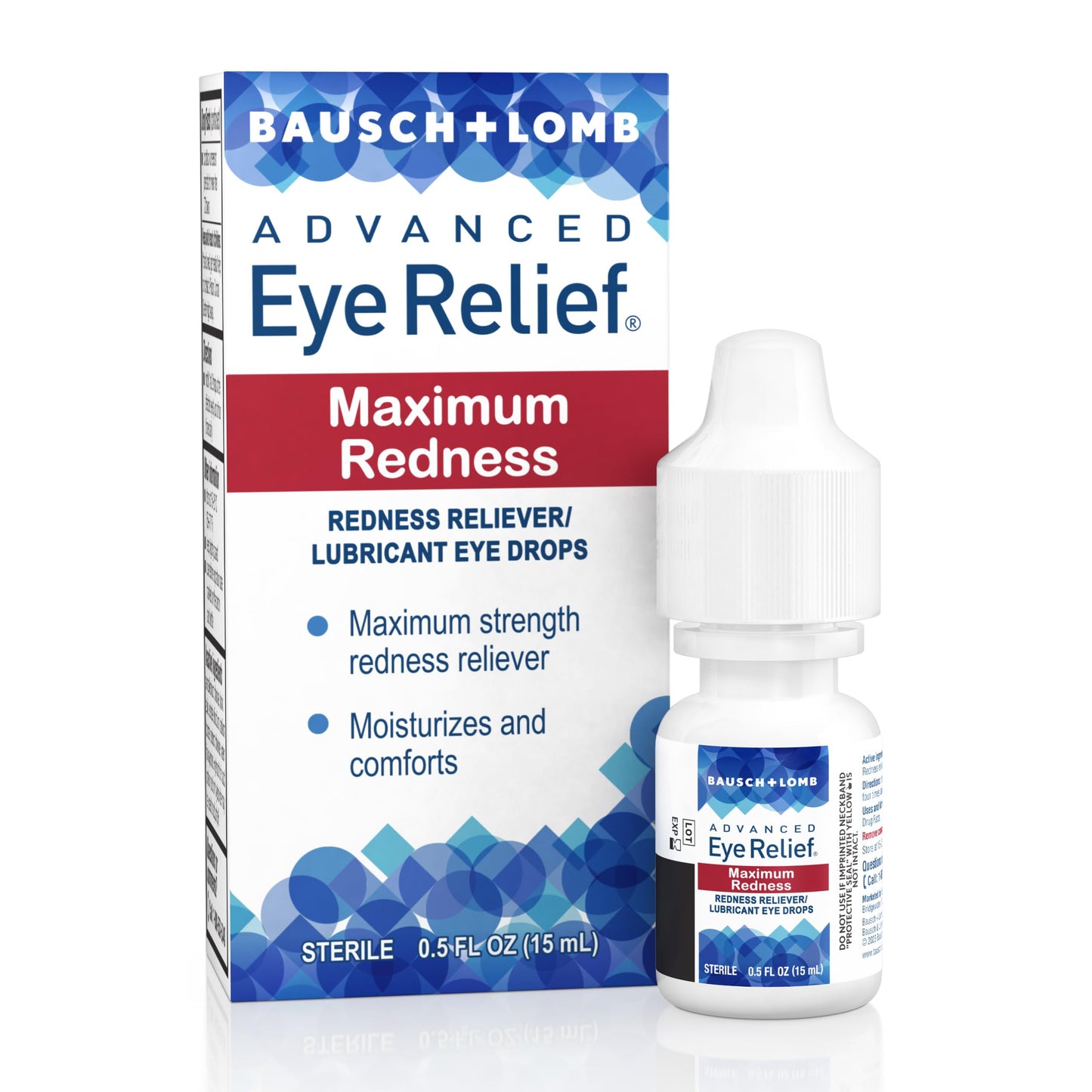 Bausch + Lomb sterile redness reliever drops individual bottle showing product label and dropper tip