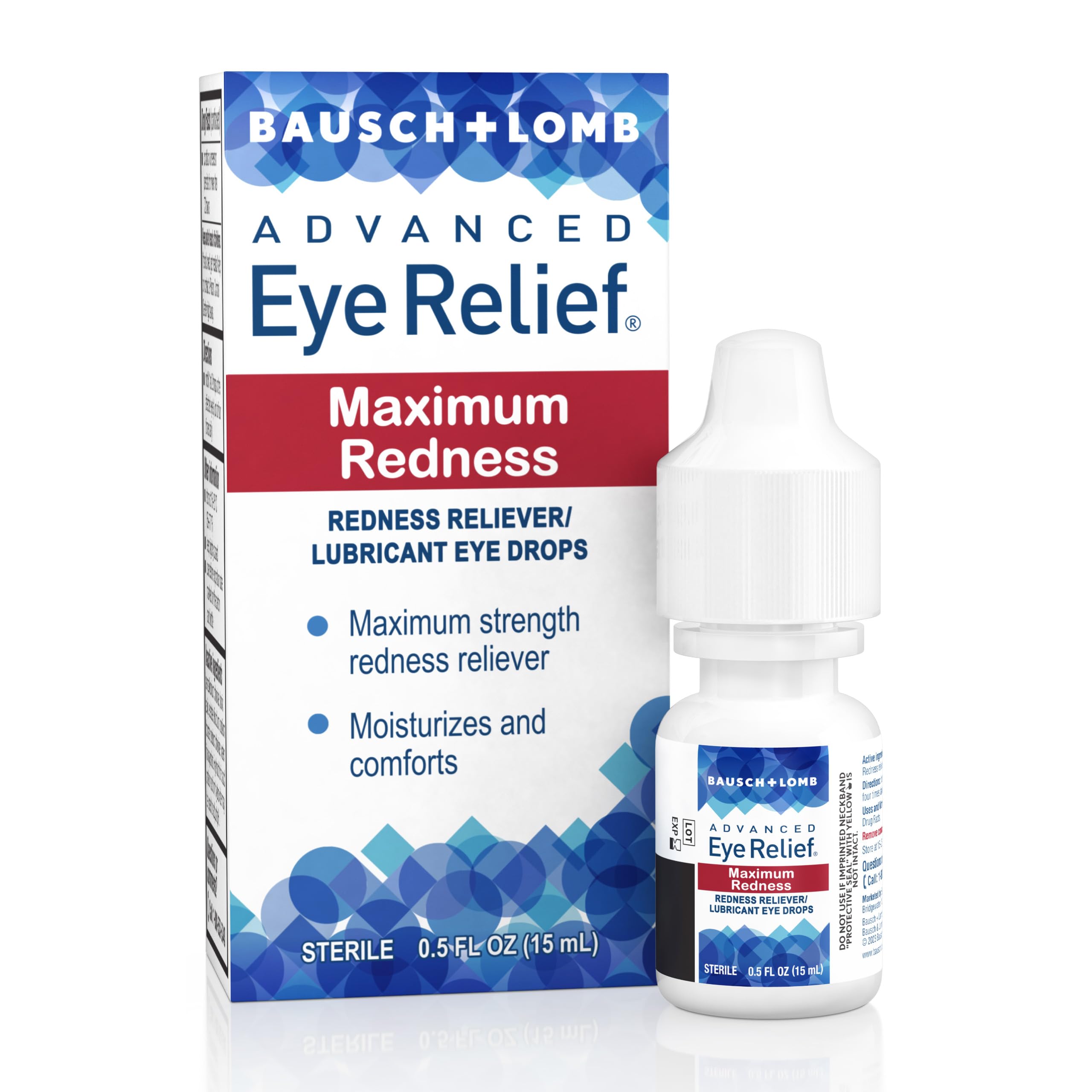Bausch + Lomb sterile redness reliever drops individual bottle showing product label and dropper tip