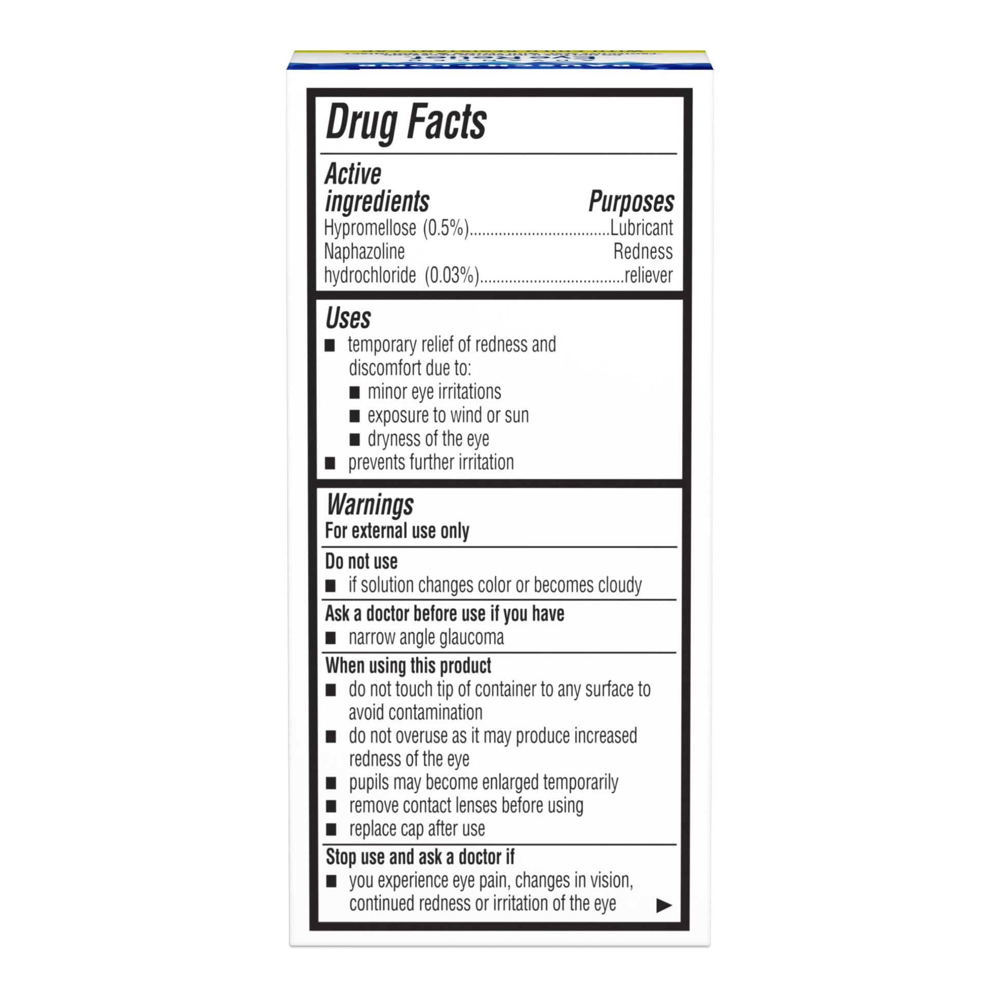 Back label of Bausch and Lomb Advanced Eye Relief showing drug facts active ingredients and usage instructions