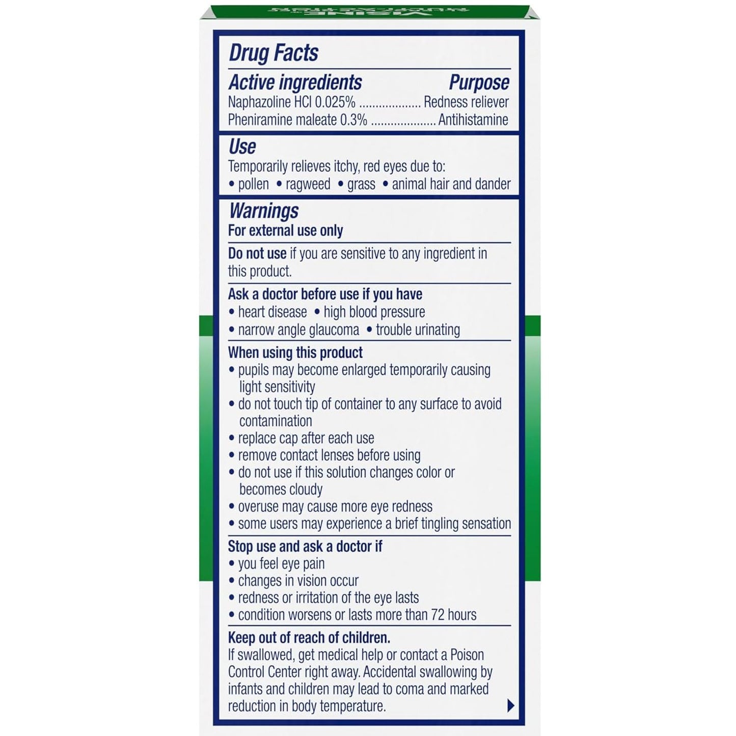 Side angle of the Visine multi-action sterile ophthalmic solution bottle showing active ingredients list.