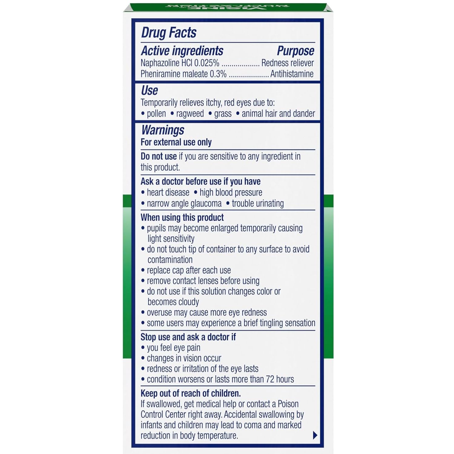 Side angle of the Visine multi-action sterile ophthalmic solution bottle showing active ingredients list.