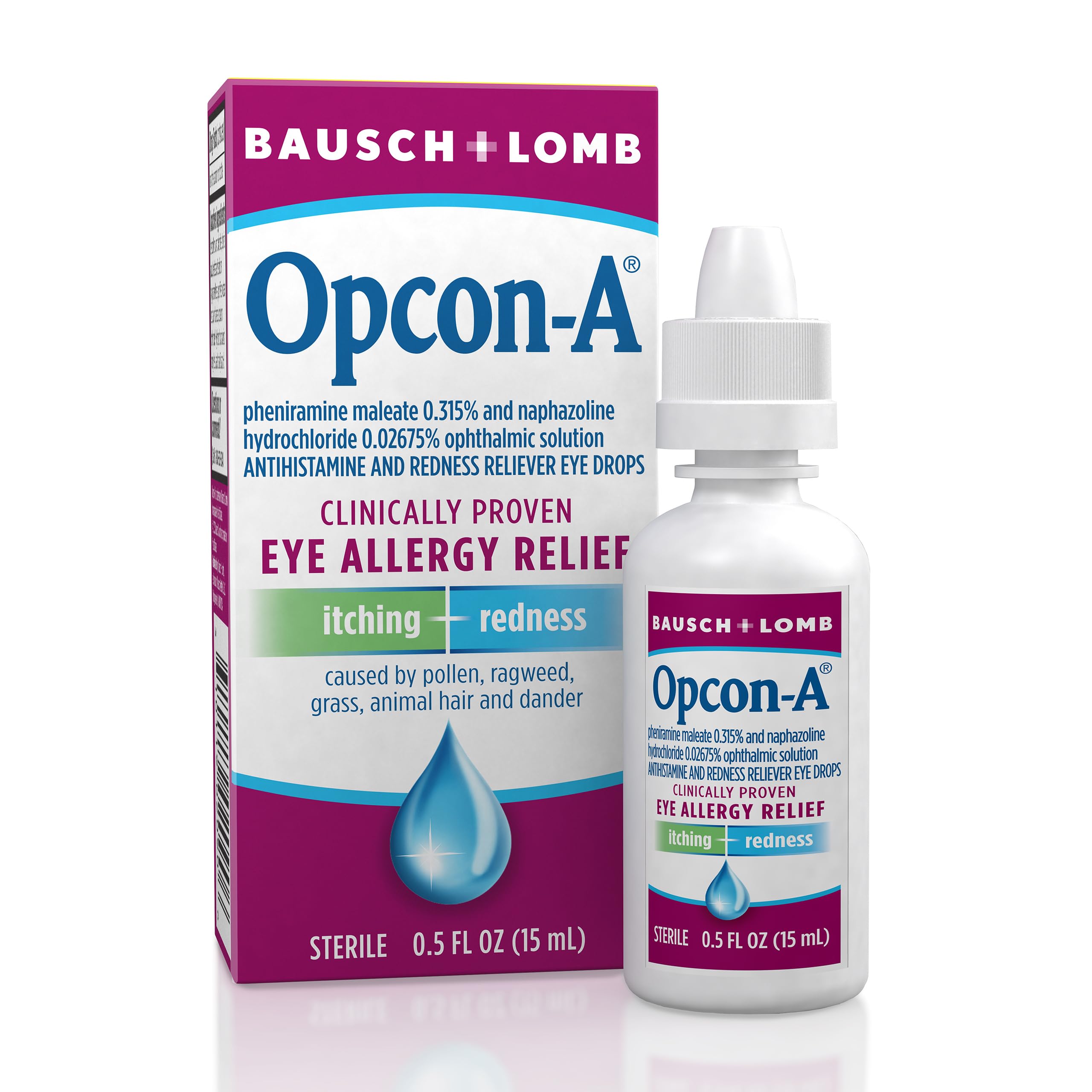 Bausch And Lomb Opcon A twin pack sterile bottles showcasing antihistamine and redness reliever active ingredients.