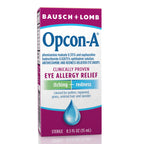 Back label of Opcon A eye drops bottle showing drug facts and directions for itch relief.