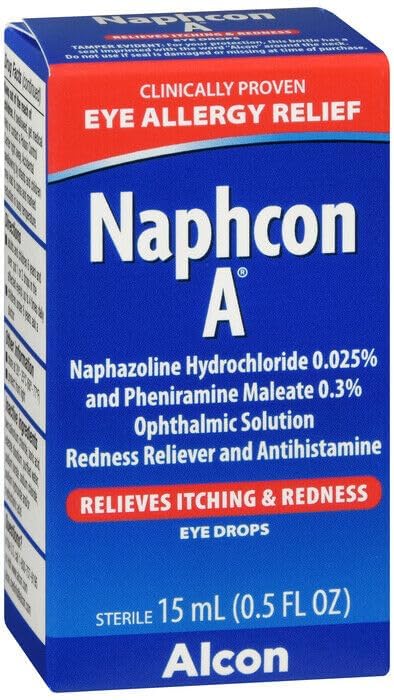 Alcon Naphcon A allergy relief eye drops full packaging layout showing three 15ml bottles