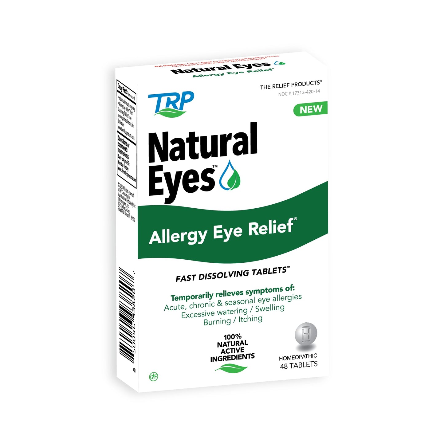 TRP The Relief Products Natural Eyes package back view with dosage and usage directions