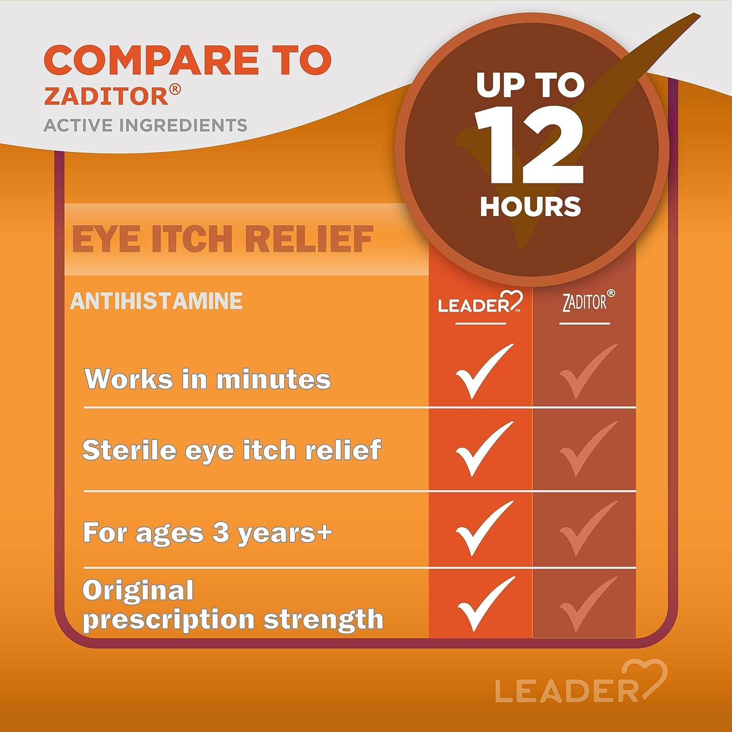 Leader Ketotifen Antihistamine Solution bottle showing zero point three four ounce size