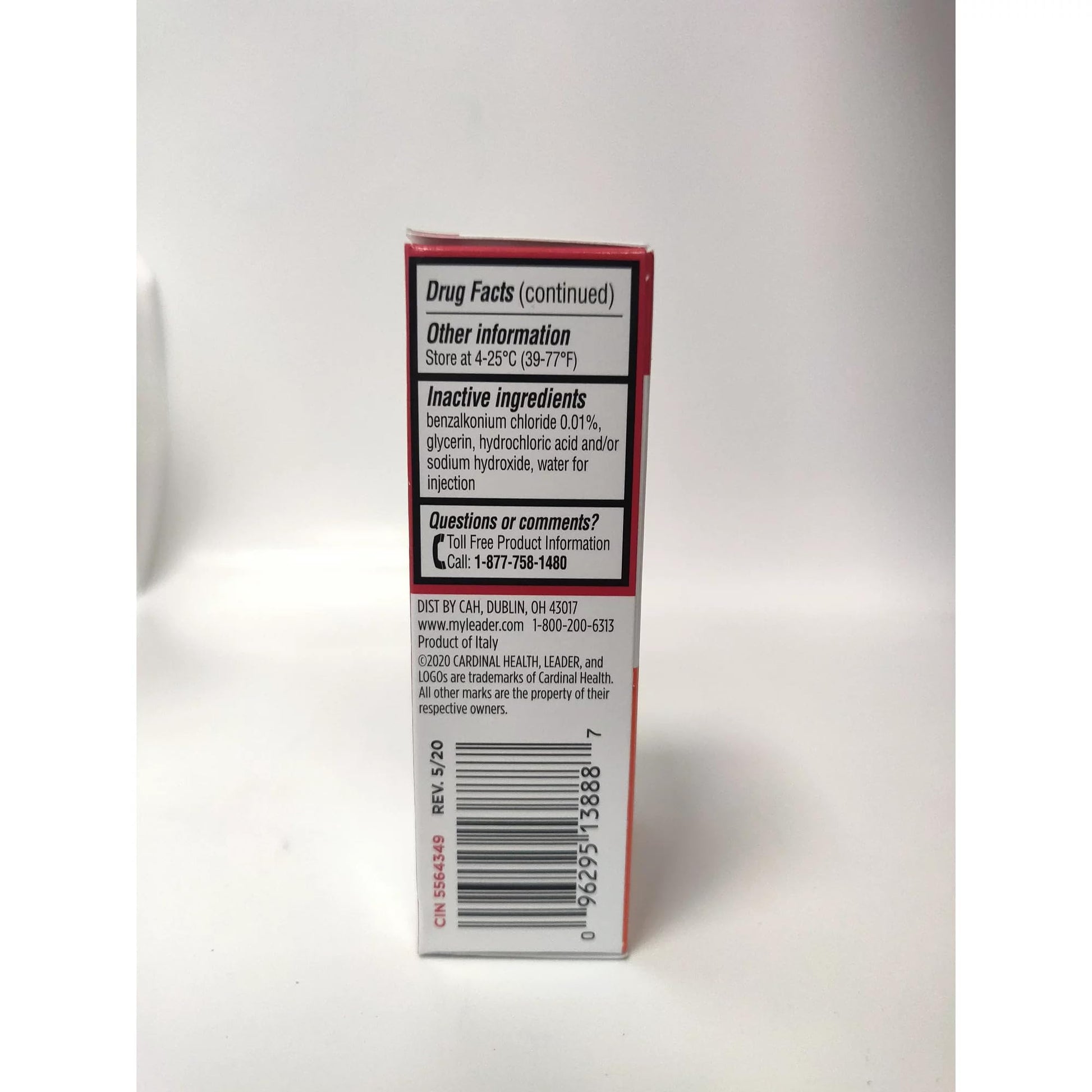 Leader eye itch relief drops side view detailing drug facts and active ingredients