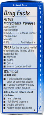 Imported Naphcon-A dual action eye drops bottle side view with warning label