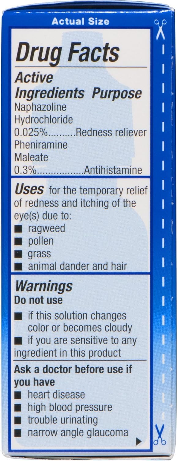 Imported Naphcon-A dual action eye drops bottle side view with warning label
