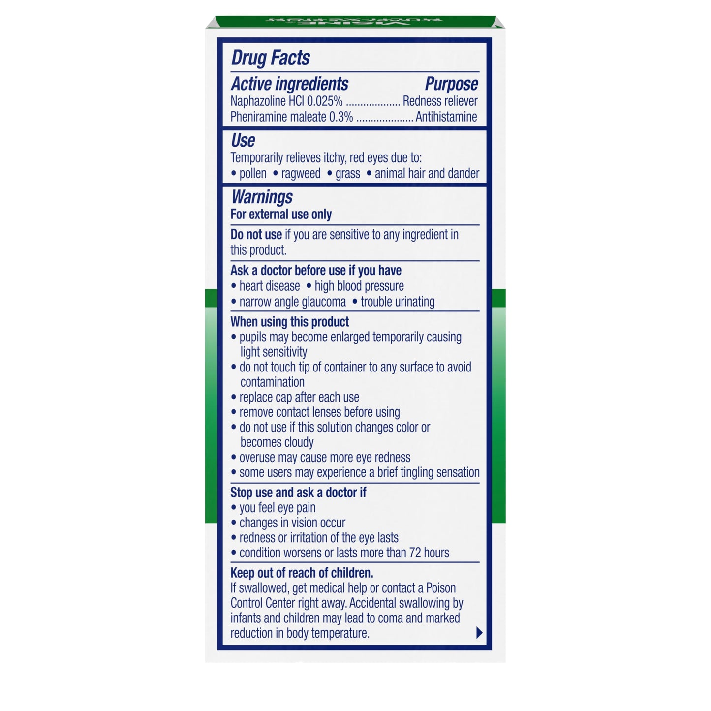 Visine allergy eye drops package layout detailing pheniramine maleate ingredient specifications.