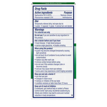 Visine allergy eye drops package layout detailing pheniramine maleate ingredient specifications.
