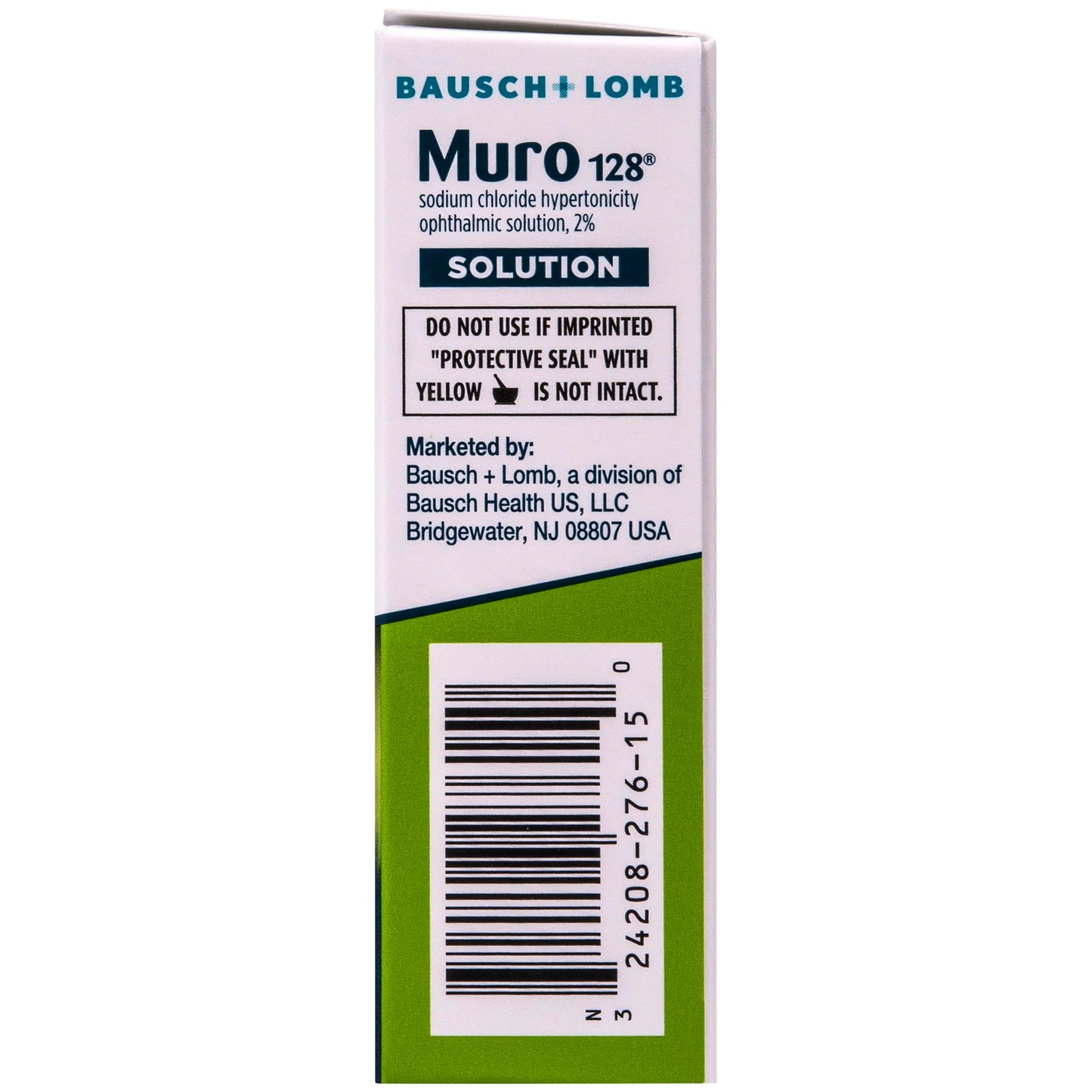 Authentic Bausch and Lomb Muro 128 two percent eye drops for vision clarity on an isolated background
